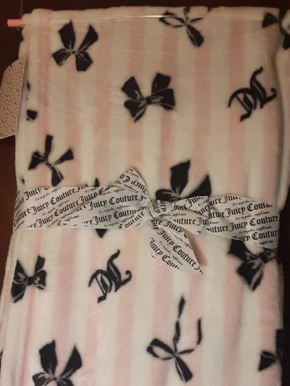 Juicy Couture striped white and pink blanket with black bows
